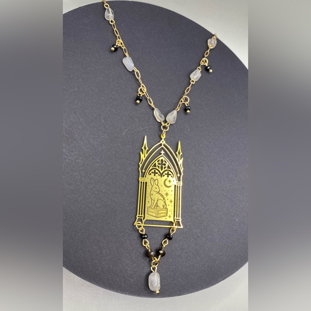 🐇💒Labrodite Black Tourmaline Golden Obsidian Ostara Rabbit Cathedral Necklace